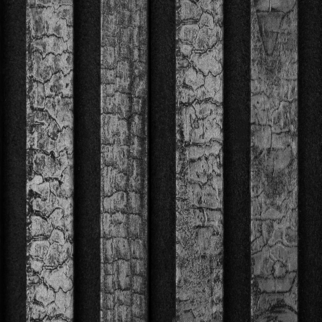 Close-up van vijf verticale WoodUpp verbrand houten latten in Shou Sugi Ban stijl, met ruwe, gebarsten koollaag en diepe zwarte voegen ertussen. Elk smal plankje toont unieke scheurige texturen en gezwart oppervlak, geschikt als WoodUpp gevel- of interieurbekleding, duurzaam afgewerkt voor binnen- en buitengebruik.