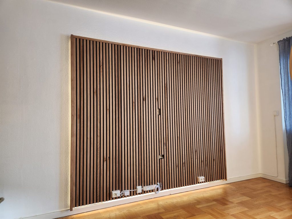 Rustic brown oak akupanel installed on a wall with mineral wool