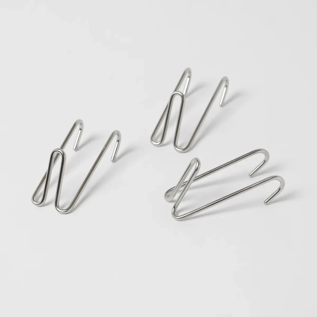 Witte achtergrond met drie WoodUpp roestvrijstalen draad-haken: zilveren, golvende V/W-vormige haakjes gemaakt van gebogen draad, elk met dubbele S-achtige uiteinden voor ophangen. Simpele, strakke metalen bevestigingshaken, netjes gerangschikt en gefotografeerd op een effen witte ondergrond. Met glanzend oppervlak; close-up compositie toont details en zachte schaduwen.