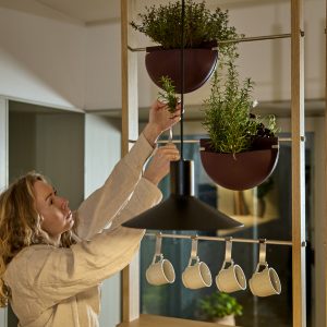 Vrouw plaatst kruiden in WoodUpp houten roomdivider met metalen stangen, op ooghoogte; twee bordeaux hangende halfbol-plantenbakken aan de stangen en een metalen mokkenhouder met vier witte keramische mokken. Ze verzorgt frisse groene kruiden; sfeervolle keukenverlichting en natuurlijke materialen benadrukken praktische huiselijke decoratie.