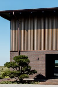 WoodUpp: moderne woninggevel met WoodUpp verticale houten lamellen als gevelbekleding op de bovenverdieping, en WoodUpp houten vlonderplanken bij de entree; strakke, smalle latten in lichtbruin houtpatroon, gecombineerd met donker baksteen en een dakgoot, met duidelijke schaduwlijnen en fijngelijnde textuur, natuurgetrouwe uitstraling.